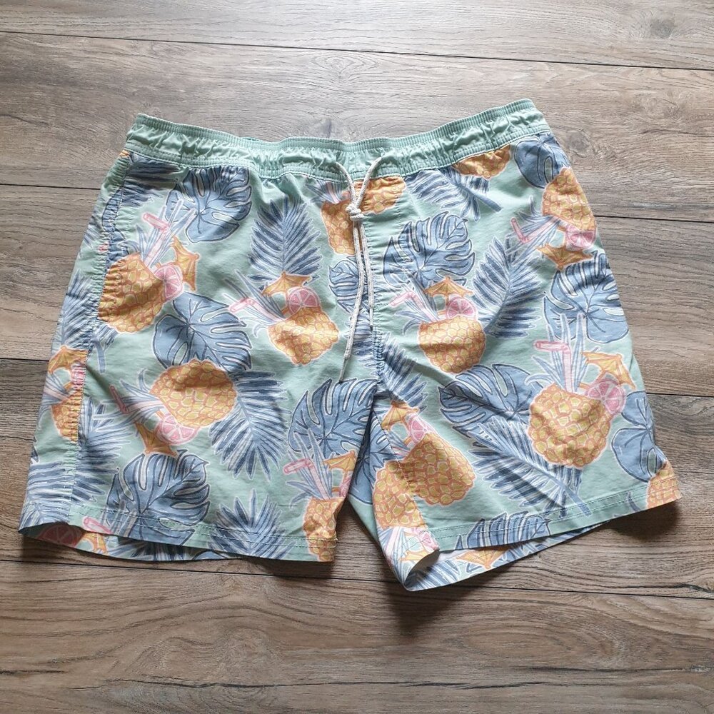 Goodfellow Co Mens Pineapple Print Swim Trunks Large Elastic Waist Green Blue
